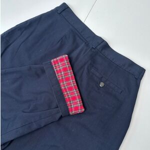 LL Bean Flannel Lined Chino Pants Womens 14 Reg Navy Blue Plaid Straight Leg